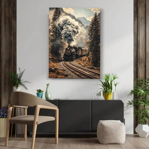 Retro Vibes Steam Train Wall Art Framed Or Unframed Canvas Poster With Classic Locomotive And Mountain Railway Scene Ready To Hang