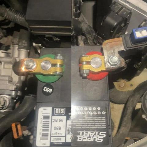 Installed Beefy Brass Top Post Battery Terminal Connectors Set For Positive And Negative, Marine Car Boat RV Ready