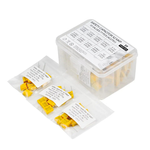 Assorted Polypropylene Safety Capacitors Kit DIP 275V AC X2 MKP 77 Piece With Ten Capacitance Values From 0.001uF To 1uF K Box