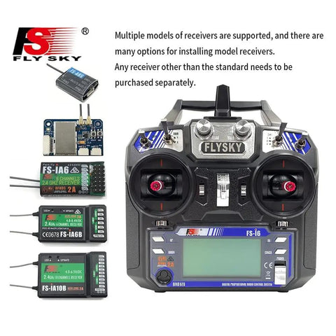 Flysky FS-i6 6CH 2.4GHz AFHDS 2A RC Transmitter With FS-iA6B Receiver and accessories displayed
