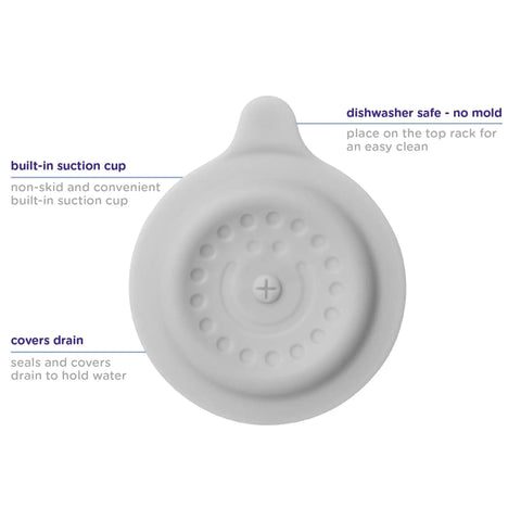 Premium Soft Silicone Bathtub Drain Stopper With Super Strong Suction Cup locks water in fast for baby bath times easy peel grip gray tub plug.