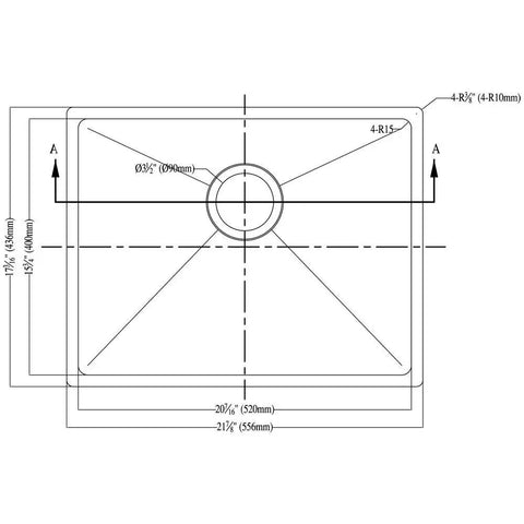 Diagram of Undermount Small Corner Radius Single Bowl Sink With Polished Satin Finish Beefy Sound Absorption