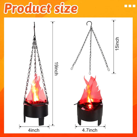 Lit 3D LED Fake Flame Lights 110V Realistic Campfire Effect Lamps with chains for hanging shown with dimensions