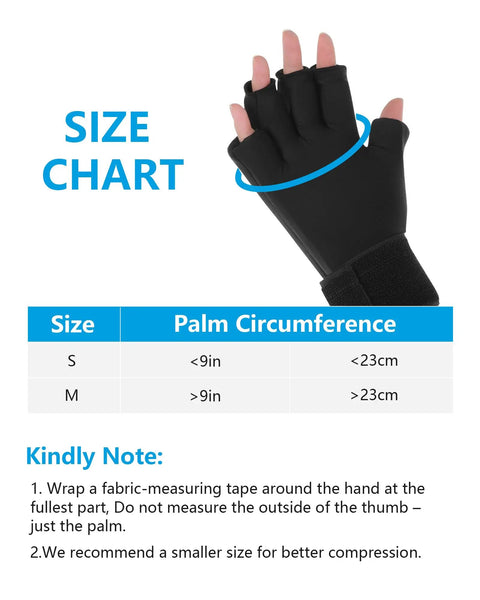 Size chart for the Arthritis Relief Finger Ice Glove With Adjustable Wrist Strap For Women And Men, showing S and M measurements.