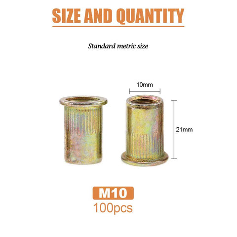 M10 Rivet Nuts Kit 100 Pcs Zinc Plated Carbon Steel Flat Head Threaded Inserts for Furniture DIY Projects size details