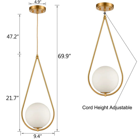 Cool Satin Brass Glass Globe Pendant Light With Frosted Milk Glass Shade dimensions and adjustable cord features