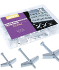 Assorted Toggle Bolts And Wing Nuts Kit For Drywall Hanging Heavy Items, 24 Pieces, Includes One Eighth Inch, Three Sixteenth Inch, And One Quarter Inch Sizes in plastic case showing bolts and washers.