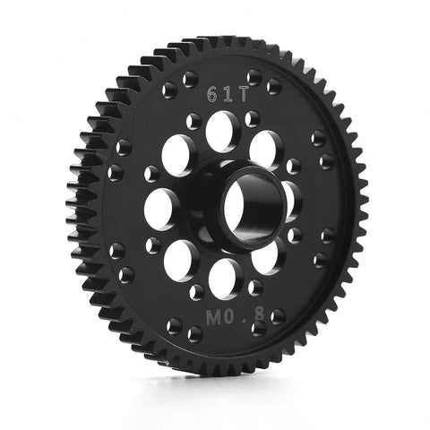 Close-up of Beefed Up 61T 0.8M Hardened Steel Spur Gear for Arrma 1 by 10 Gorgon 4x2 Mega Monster Truck RC Car.