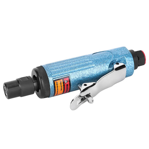 Rugged Lightweight Pneumatic Die Grinder Powering Through Heavy Duty Metal Cutting And Fast Automotive Fixups With Smooth High Speed Operation And Comfort Grip For Daily Shop Workloads showing a blue die grinder with soft grip and air hookup.