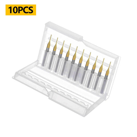 Pro Grade 10Pcs 0.6mm TiN Coated Solid Carbide End Mills For PCB Engraving And CNC Router Bits in open plastic case.