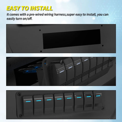 8 Gang Rocker Switch Panel Waterproof 12V Blue LED Light Bar Switch Panel With Prewired Three Pin On Off close-up view
