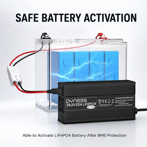 Built Different 24V LiFePO4 Battery Charger 20 Amp Fast Charge with Anderson Connector connected to battery.
