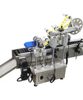 Workhorse Automatic Labeling Machine With Grippy Roller Conveyor For Easy And No Sweat Bottle Wrapping Handling Up To Sixty Labels Per Minute On Reliable 110V Shop Plug Power, top view of machine with rollers.