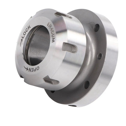 Heavy Duty ER40 Collet Chuck Carbon Steel 80mm Diameter Clamping Adapter close-up on spindle for CNC milling and lathe machines.