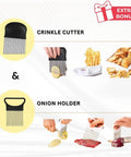 Crinkle cutter and onion holder kitchen tools with metal blades and black handles, shown with fries and onions