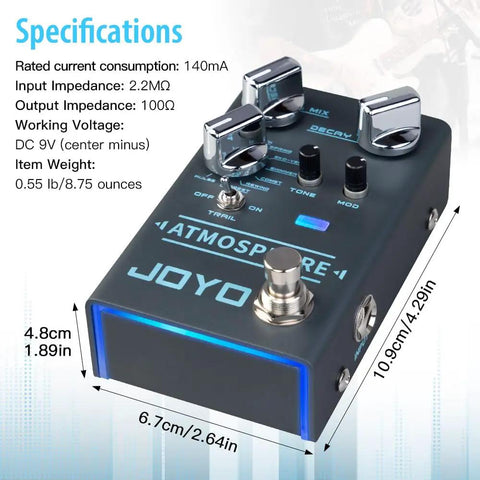Digital Reverb Guitar Pedal With Nine Modes Including Spring Church Plate Shimmer And More MOD Control And Trail Bypass Atmosphere R14 on specifications background