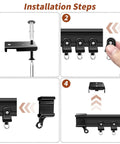 10-Foot Flexible Black Curtain Track System With Bendable Curved Rail For Ceiling Or Wall Mount, Sliding Track For Bay Window RV Room Dividers, Includes Brackets And Easy Fuss Installation installation steps showing black ceiling bracket and curtain carriers