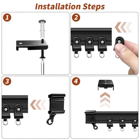 10-Foot Flexible Black Curtain Track System With Bendable Curved Rail For Ceiling Or Wall Mount, Sliding Track For Bay Window RV Room Dividers, Includes Brackets And Easy Fuss Installation installation steps showing black ceiling bracket and curtain carriers