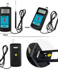 Electric Fence Voltage Tester And Fault Finder With Digital Display 0.3 kV To 9.9 kV Range 57 Inch Wire Lead Auto On Off Power Saving Design Blue EM555, shown front, back, and side views.