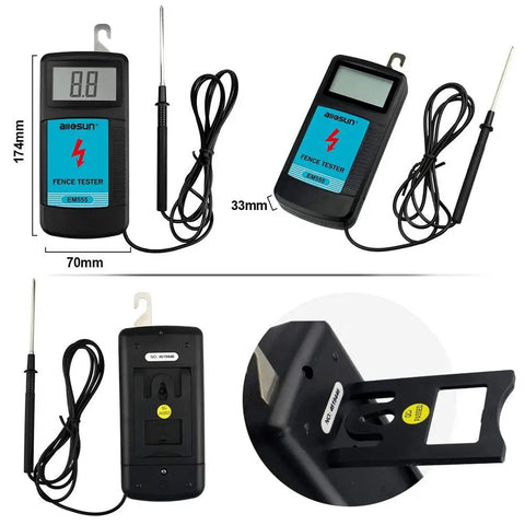 Electric Fence Voltage Tester And Fault Finder With Digital Display 0.3 kV To 9.9 kV Range 57 Inch Wire Lead Auto On Off Power Saving Design Blue EM555, shown front, back, and side views.