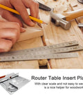 Hands using a yellow pencil to mark wood beside a Rock Solid Aluminum Router Table Insert Plate Set Heavy Duty Guide Template.
