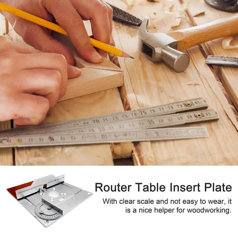 Hands using a yellow pencil to mark wood beside a Rock Solid Aluminum Router Table Insert Plate Set Heavy Duty Guide Template.
