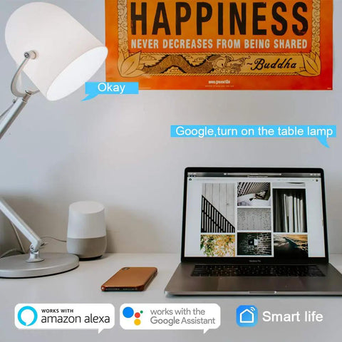Desktop with laptop, lamp, and voice control setup for Color Changing E12 Smart LED Bulbs With WiFi And Bluetooth, Tunable White.