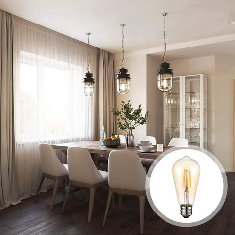 Dining room with hanging lanterns lighting by Vintage LED Edison Bulbs ST58 4W 60W Equivalent, Dimmable Amber Bulbs, 6 Pack, E26 Base.
