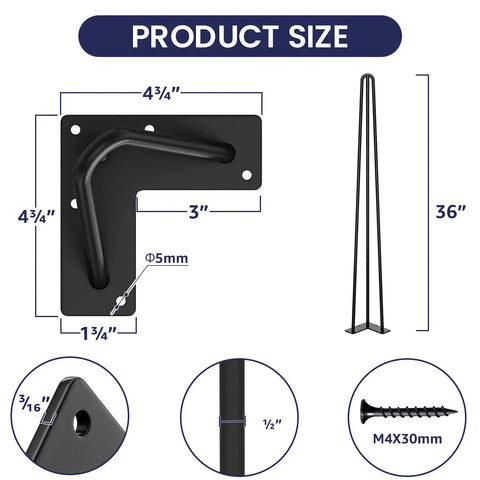 Heavy Duty 36 Inch Hairpin Table Legs Set Of Four Half Inch Steel Rods Black Powder Coat 800 Lb Load Capacity dimensions guide
