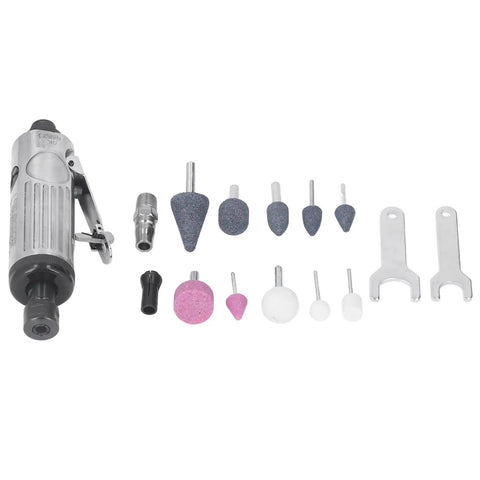 Heavy Duty Pneumatic Die Grinder Kit Featuring 22000 Rpm Air Powered Motor And Ten Piece Grinding Head Set for metalwork tasks.