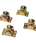 Heavy Duty V Groove Gate Wheels For Inverted Track Sliding Gates Designed To Roll Like A Champ With Zero Friction While Supporting Heavy Loads Without Any Fuss In This Durable Four Pack Caster Set - close-up view of four heavy-duty casters with steel plates.