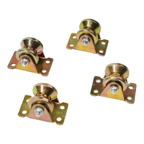 Heavy Duty V Groove Gate Wheels For Inverted Track Sliding Gates Designed To Roll Like A Champ With Zero Friction While Supporting Heavy Loads Without Any Fuss In This Durable Four Pack Caster Set - close-up view of four heavy-duty casters with steel plates.