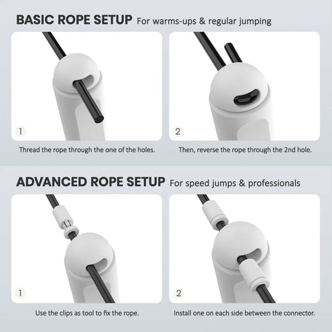 Digital Jump Rope With Smart Counter And Timer showing basic and advanced rope setup instructions for cardio burn and calorie tracking.