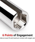 Close-up of three eighths inch drive deep seven eighths inch six point oxygen sensor socket for auto repair, showing deep slot design