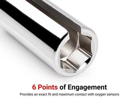 Close-up of three eighths inch drive deep seven eighths inch six point oxygen sensor socket for auto repair, showing deep slot design