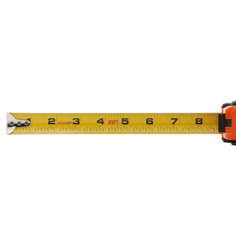 Bulk Six Pack 25 Ft Tape Measure With Easy Read Fractions One Eighth Increments showing 1 inch wide blade with fractions