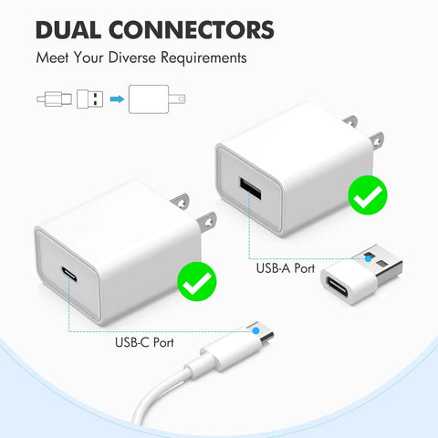 Dual connectors for 3 Pack Magnetic Wireless Chargers Set Qi2 Fast Charging Pads For IPhone 17 16 15 14 13 12 Pro Max Galaxy S26 S25 Pixel 10 AirPods Slim Portable For Desk Bedside Travel White with USB-C and USB-A ports.