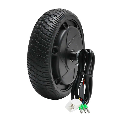 24V 250W Gearless Brushless Hub Motor With 6.5 Inch Solid Tire Wheel, side view of motor with attached wires