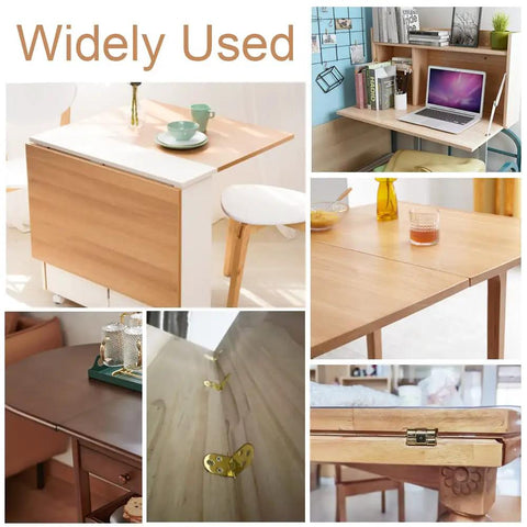 Top Tier 4 Piece Solid Brass Butler Tray Hinges That Flip Smooth And Hold Fast For Folding Tables And Sewing Machine Stands Heavy Duty Rust Resistant Furniture Hardware Kit With Screws in use on various folding tables.