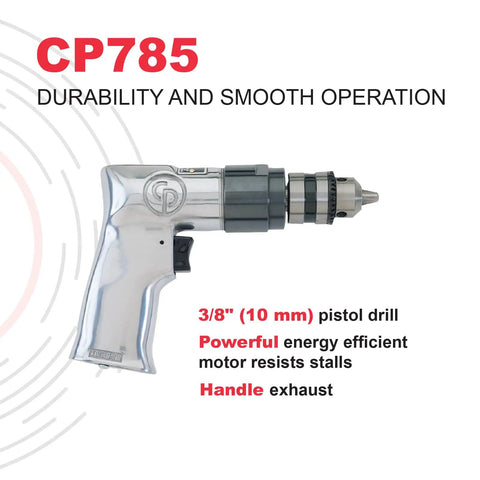 CP785 Air Power Drill 3 By 8 Inch With Keyed Chuck, Aluminum Housing, Pistol Grip; drill with chrome finish and handle exhaust