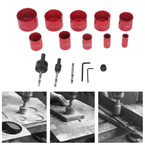 Super Cool Universal Hole Saw Set Cutting 3 To 2.5 Inch For Metal Wood And Plastic With Durable Hss Blades Fast Install No Tools And Handy Storage Box That Is Totally Rad For Any Home Repair Project. red HSS hole saw set with arbor, wrenches and metal cutting demos