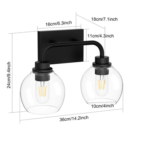 Two Light Industrial Vanity Light Fixtures Over Mirror In Matte Black With Clear Glass Globe Vintage Farmhouse Wall Sconces
