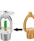 Top Shelf Five Pack Pendent Fire Sprinkler Heads With 1/2 Inch Thread visible with green glass bulb and brass setup tool.