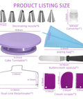 Purple Cake Decorating Kit With Rotating Turntable 14 Piece Essentials Including Piping Tips Reusable Bag Coupler Cake Leveler Offset Spatula And Icing Scrapers For Beginners layout with size details