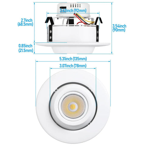 Dimensions of 4 Inch LED Gimbal Retrofit Recessed Lighting Kit, Dimmable, 5 CCT Selectable 2700K To 5000K, 9W, CRI90 Eyeball Can Light, Adjustable Ceiling Spotlight, ETL Listed, Pack Of 4
