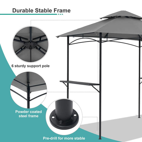 Grill Gazebo 8x5 Outdoor Patio Shelter With Double Tier Canopy, Rustproof Steel Frame And Bar Counters, Gray Finish
