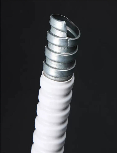 PVC Coated Flexible Metal Conduit For Indoor Outdoor Wiring Jobs Built Like A Tank, showing corrugated tubing end.