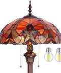 Tiffany Style Red Brown Liaison Stained Glass Floor Lamp With Bronze Resin Base, 16 Inch Shade, Pull Chain