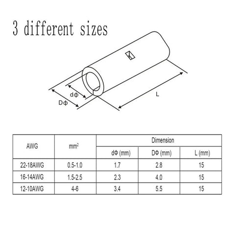 Diagram and table of Non Insulated Butt Connectors All In One Kit DIY Friendly For Electrical Splices In 22 18 AWG 16 14 AWG 12 10 AWG