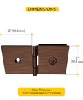Adjustable Square Glass To Wall Clip With Solid Forged Brass Construction And Antique Copper Finish Backplate Two Inches By Two Inches Faceplate Two Inches By Two Inches Compatible With Three Eighths And One Half Inch Glass Panels For Frameless Showers with dimensions shown.